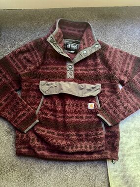 Carhartt Men’s Burgundy Fleece Pullover Sweatshirt Aztec Pockets Mock S